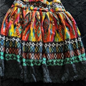 Red and Yellow Knee-Length Bubble Skirt with Pleated Tiers